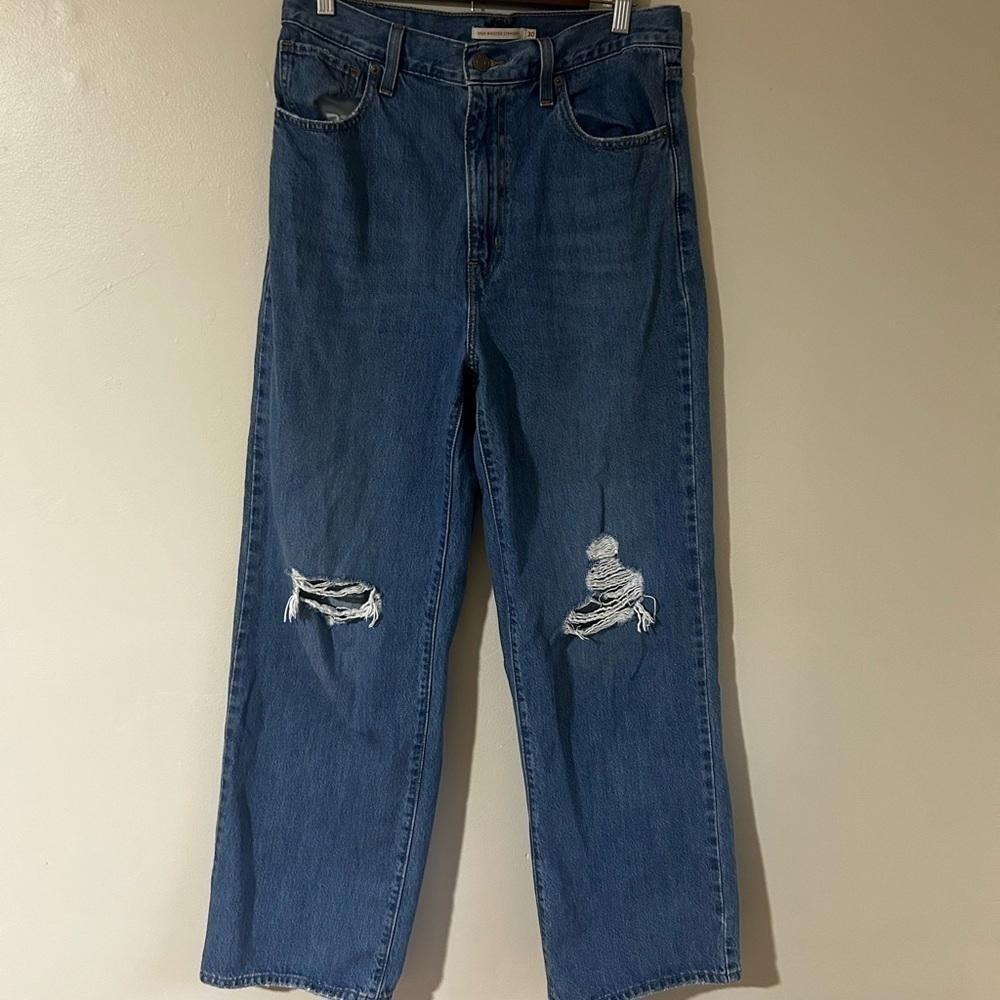 Levis High Waisted Straight Jeans Womens 30 Blue Good Distressed Ripped Knee